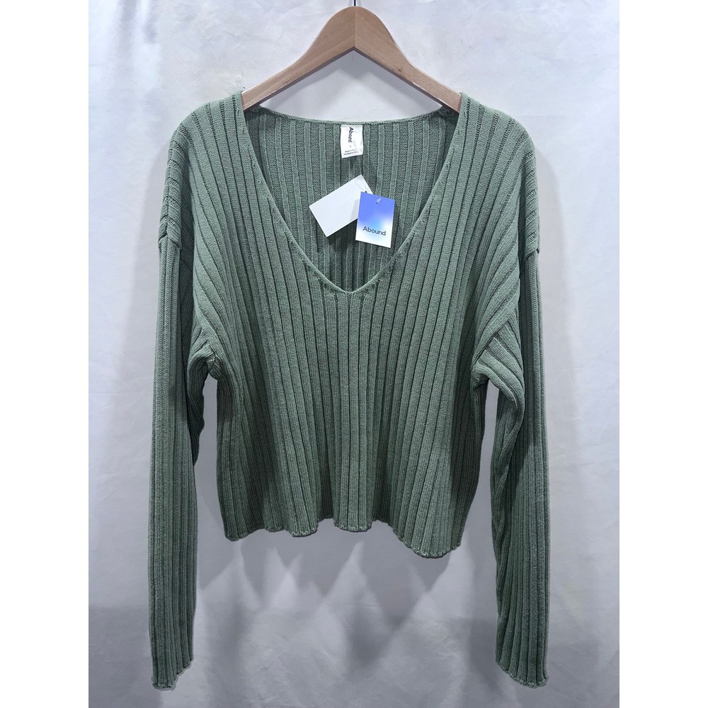 Abound Womens Ribbed V-Neck Sweater Sage Green Long Sleeve Cotton Blend L NWT